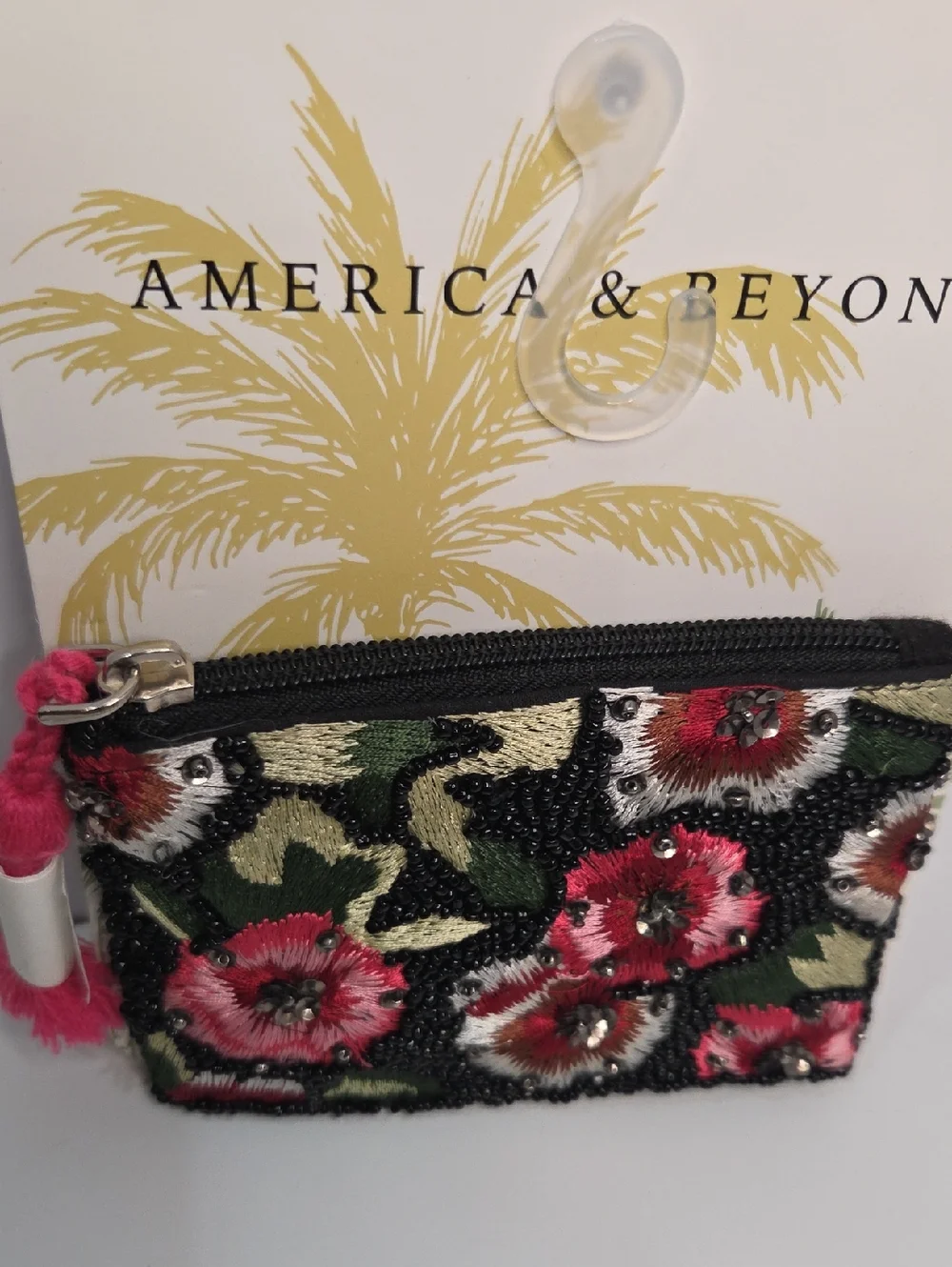🖤▪️America & Beyond ▪️Floral Beaded Zip Pouch - Black with Pink Floral